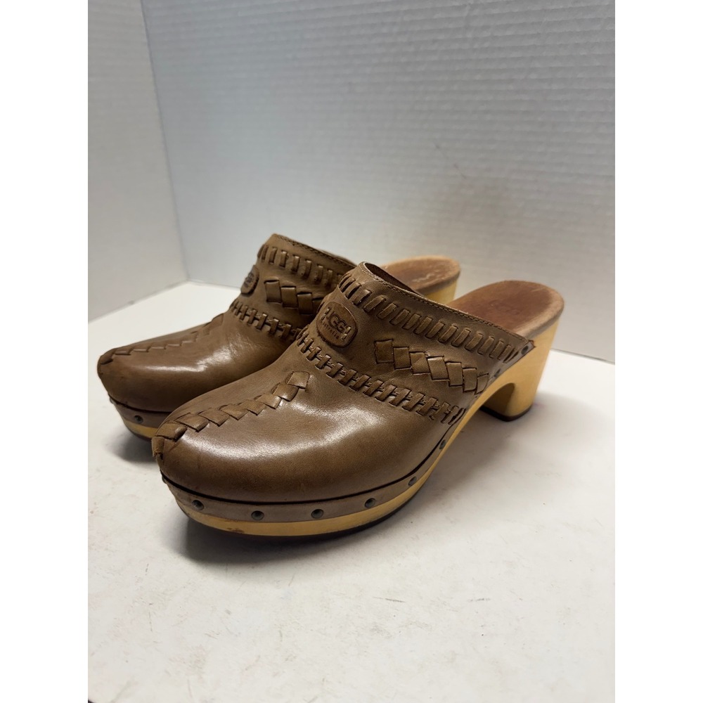 UGG Australia 3090 Vintage Brown Leather Woven Wooden Heel Clogs Mules Womens 7